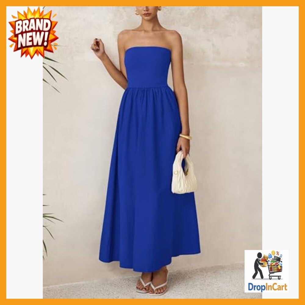 Elegant Strapless Maxi Dress Formal Wedding Party Cocktail Boho Chic - Picture 4 of 7